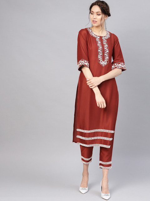 

Libas Women Rust Yoke Design Kurta with Trousers