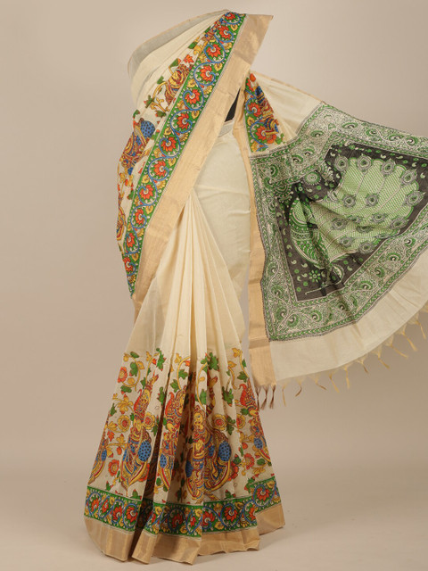 

Pothys Cream & Green Floral Pure Cotton Saree
