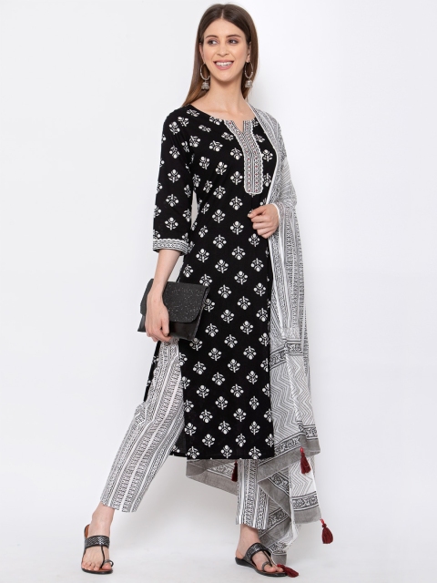 

Yuris Women Black & Grey Ethnic Motifs Printed Pure Cotton Kurta with Trousers & Dupatta