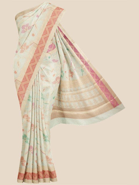 

KLM Fashion Mall Cream & Pink Floral Zari Pure Cotton Saree