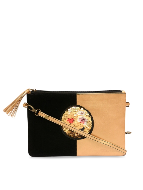 

Pink Potato Women Black & Gold-Tone Leather Embellished Leather Applique Sling Bag