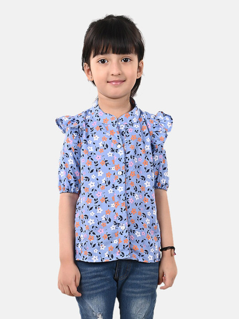

ESME Girls Blue Floral Mandarin Collar Floral Shirt Style Top