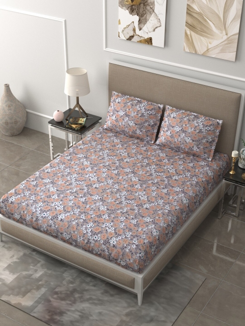 

LIVING ROOTS Taupe & Orange Floral 210 TC Queen Bedsheet with 2 Pillow Covers