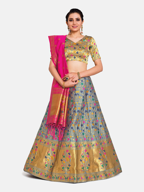 

MIMOSA Women Grey & Golden Semi-Stitched Lehenga & Unstitched Blouse With Dupatta