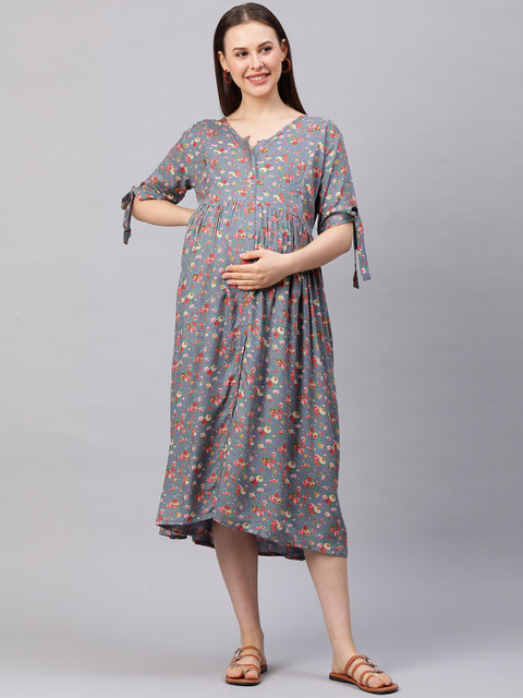 

MomToBe Grey Floral A-Line Midi Maternity Dress