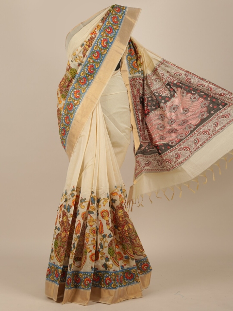 

Pothys Cream & Blue Ethnic Motifs Pure Cotton Kasavu Saree