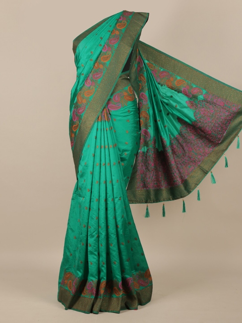

Pothys Sea Green & Orange Paisley Beads and Stones Jute Silk Saree