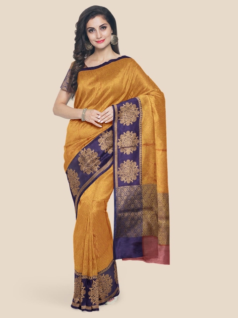 

Kalamandir Orange & Blue Floral Zari Silk Blend Banarasi Saree