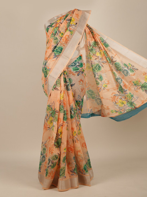 

Pothys Peach & Blue Floral Zari Cotton Blend Saree