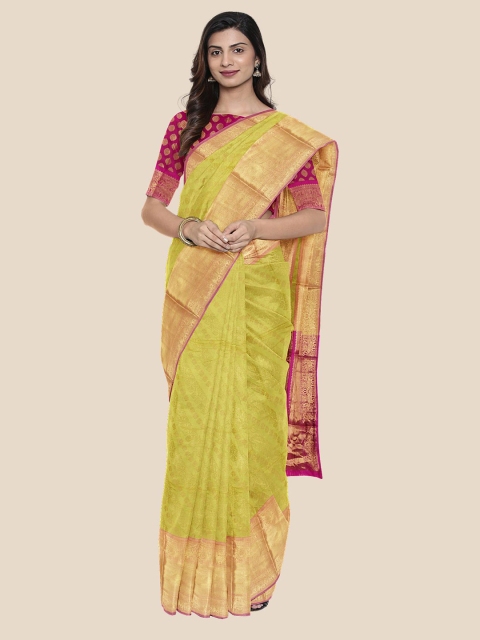 

Kalamandir Green & Gold-Toned Ethnic Motifs Zari Silk Blend Banarasi Saree