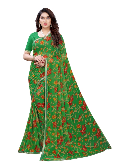 

KALINI Green & Red Floral Pure Chiffon Saree