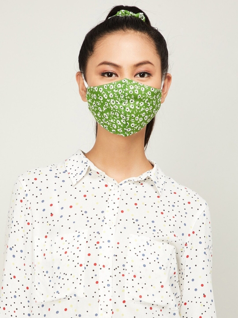 

Ginger by Lifestyle Women Green & White Printed Cotton 2-ply Reusable Outdoor Cloth Mask With Scrunchy