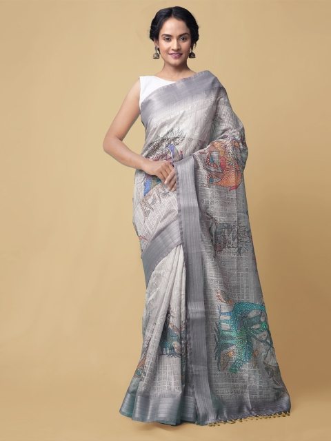 

Unnati Silks Grey Kalamkari Silk Cotton Chanderi Saree