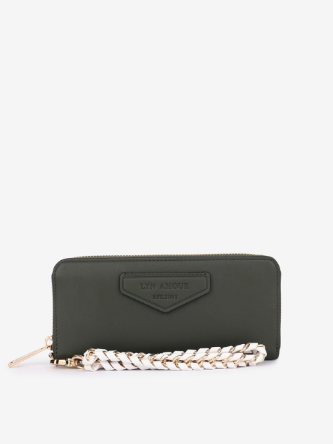 

LYN Women Green & White Textured PU Zip Around Wallet with Wrist Loop
