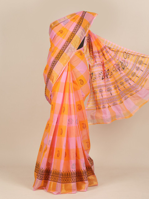 

Pothys Pink & Orange Checked Pure Cotton Saree