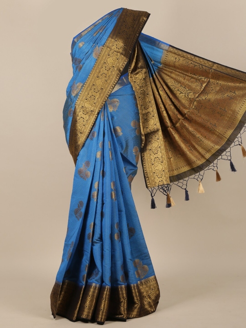 

Pothys Blue & Gold-Toned Floral Zari Jute Silk Saree