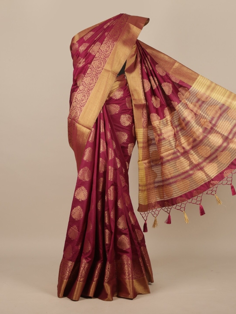 Pothys Burgundy & Gold-Toned Floral Zari Jute Silk Saree