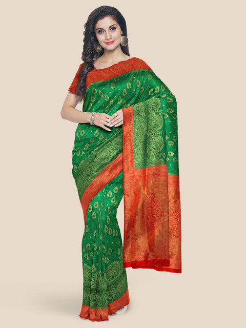

Kalamandir Green & Red Ethnic Motifs Silk Blend Banarasi Saree