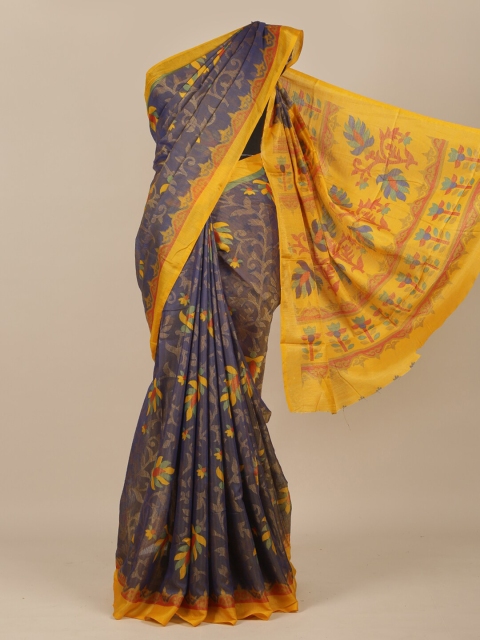 

Pothys Blue & Yellow Ethnic Motifs Jute Silk Saree, Navy blue