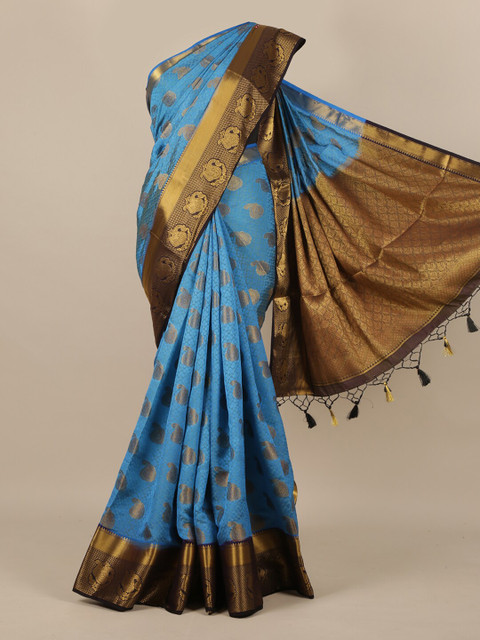 

Pothys Blue & Gold-Toned Woven Design Zari Jute Silk Saree