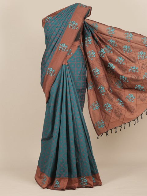 

Pothys Teal Blue & Brown Floral Pure Cotton Saree