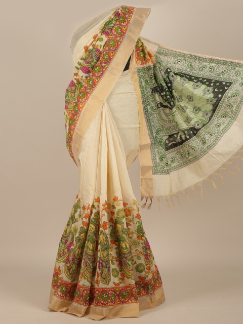 

Pothys Cream & Green Floral Pure Cotton Saree