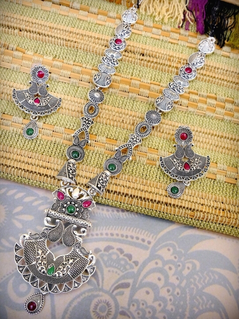 

Crunchy Fashion Oxidised Silver-Plated Pink & Green Stone-Studded Jewellery Set