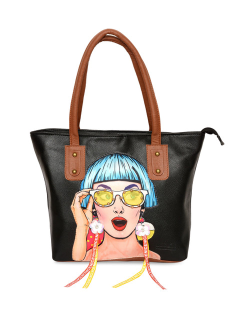 

Pink Potato Black Leather Hanging Earrings With Ooo La La Applique Shoulder Bag
