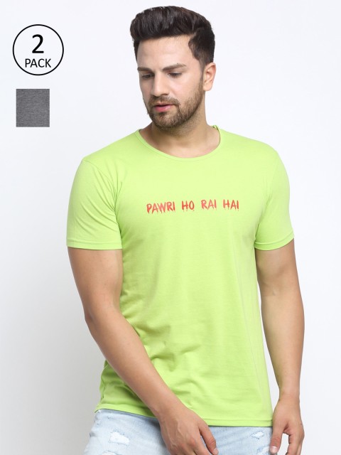 

VIMAL JONNEY Men Green and Dark Grey Typography Printed T- shirt Pack of 2