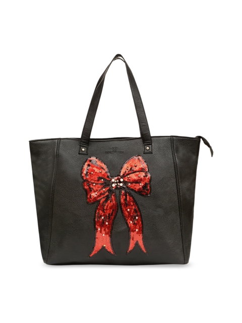 

Pink Potato Black Textured Leather Structured Shoulder Bag with Bow Detail