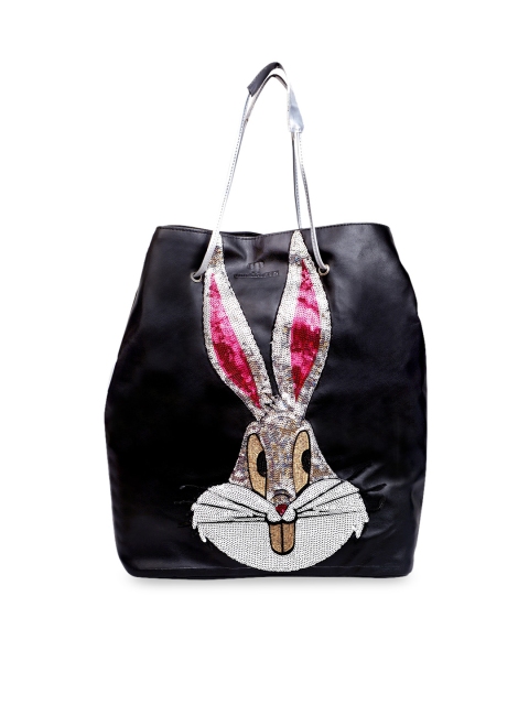 

Pink Potato Black Leather Embellished With Bunny Face Applique Shoulder Bag