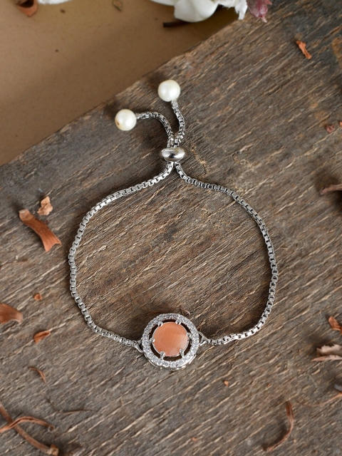 

Silvermerc Designs Women Peach-Coloured Brass American Diamond Handcrafted Bracelet, Silver