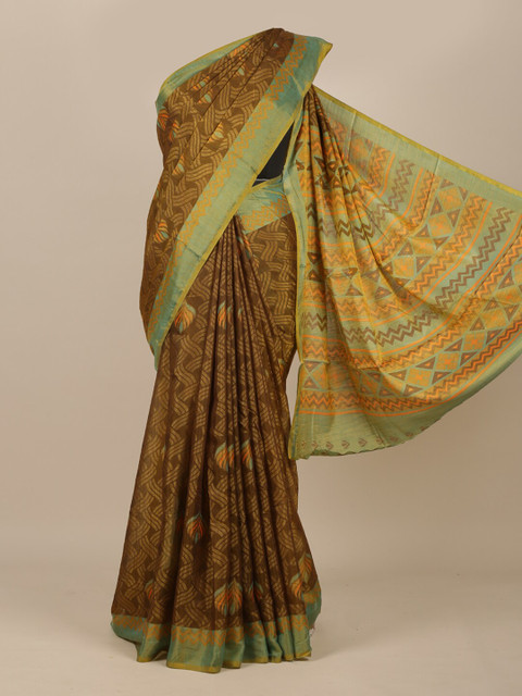 

Pothys Brown & Sea Green Jute Silk Saree
