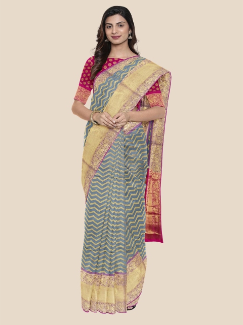 

Kalamandir Grey & Gold-Toned Woven Design Zari Silk Blend Banarasi Saree