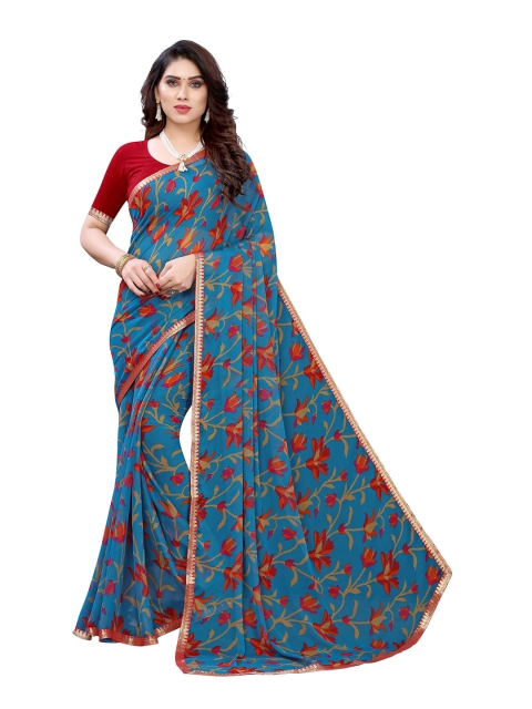

KALINI Blue & Pink Floral Pure Chiffon Saree