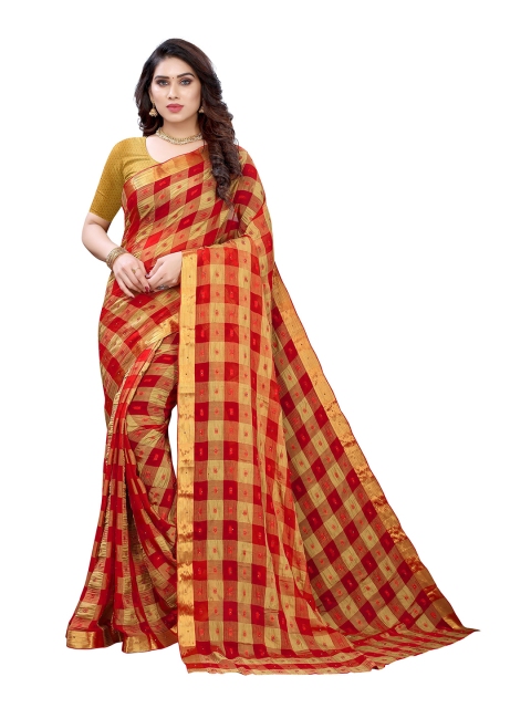 

KALINI Maroon & Gold-Toned Checked Pure Chiffon Saree