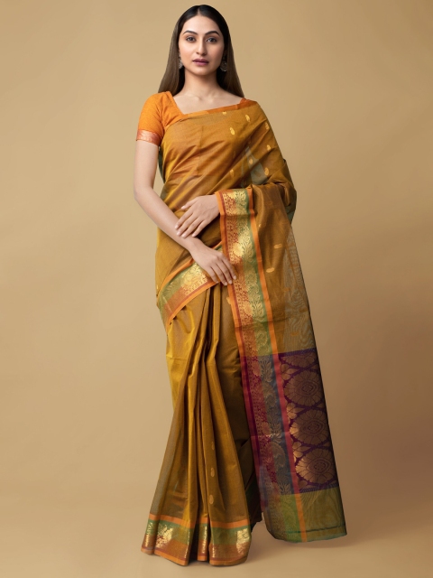 

Unnati Silks Yellow & Purple Woven Design Zari Silk Cotton Venkatgiri Saree