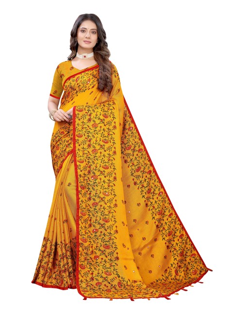 

KALINI Yellow & Red Floral Jute Silk Saree