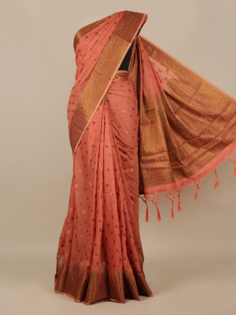 Pothys Pink & Gold-Toned Woven Design Jute Silk Saree