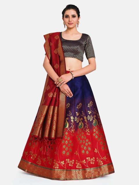 

MIMOSA Women Blue & Red Semi-Stitched Lehenga & Unstitched Blouse With Dupatta