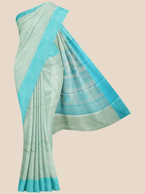 

Kalamandir Teal & Blue Ethnic Motifs Zari Silk Blend Banarasi Saree