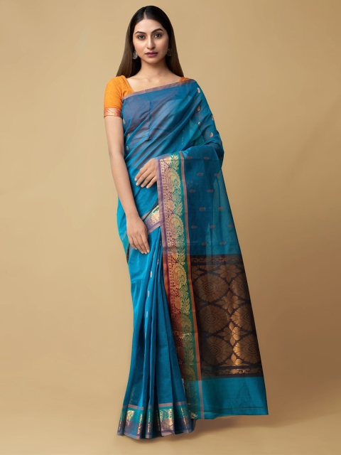 

Unnati Silks Blue & Gold-Toned Ethnic Motifs Zari Silk Cotton Venkatgiri Saree