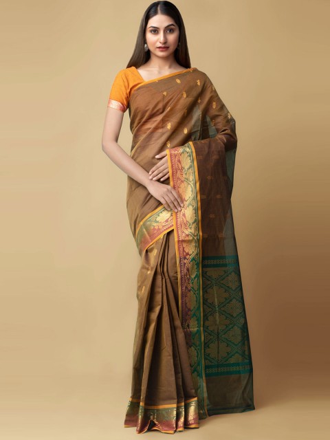

Unnati Silks Brown & Green Ethnic Motifs Zari Silk Cotton Venkatgiri Handloom Saree