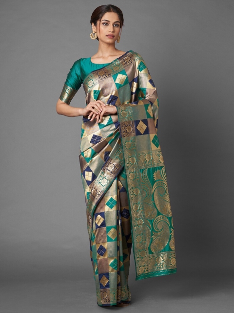 

Saree mall Sea Green & Gold-Toned Zari Silk Blend Banarasi Sarees