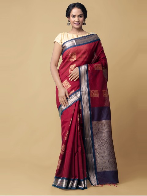 

Unnati Silks Maroon & Blue Woven Design Zari Silk Cotton Baluchari Saree