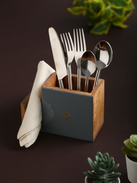 

Amoliconcepts Grey & Brown Motif Printed Cutlery & Napkin Holder