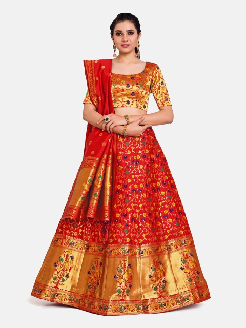 

MIMOSA Red & Yellow Semi-Stitched Lehenga & Blouse with Dupatta