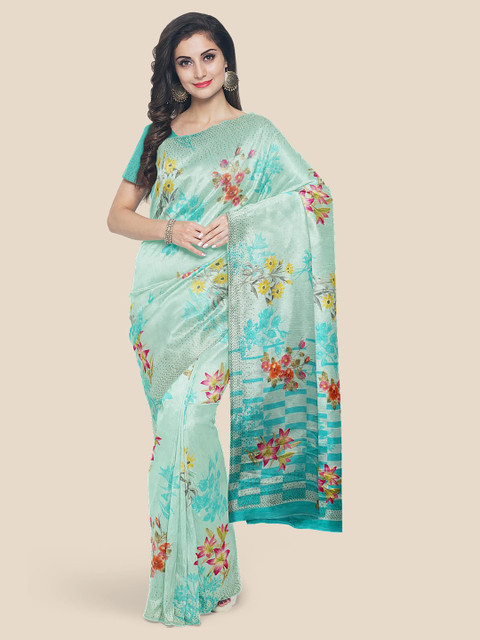 

KLM Fashion Mall Blue & Pink Floral Silk Blend Saree