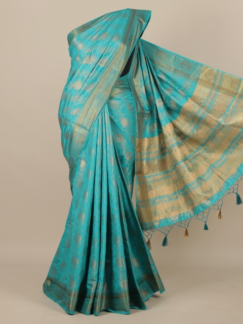 

Pothys Turquoise Blue & Gold-Toned Woven Design Jute Silk Saree