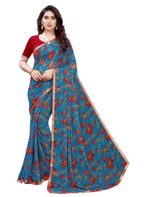 

KALINI Blue & Red Floral Pure Chiffon Saree